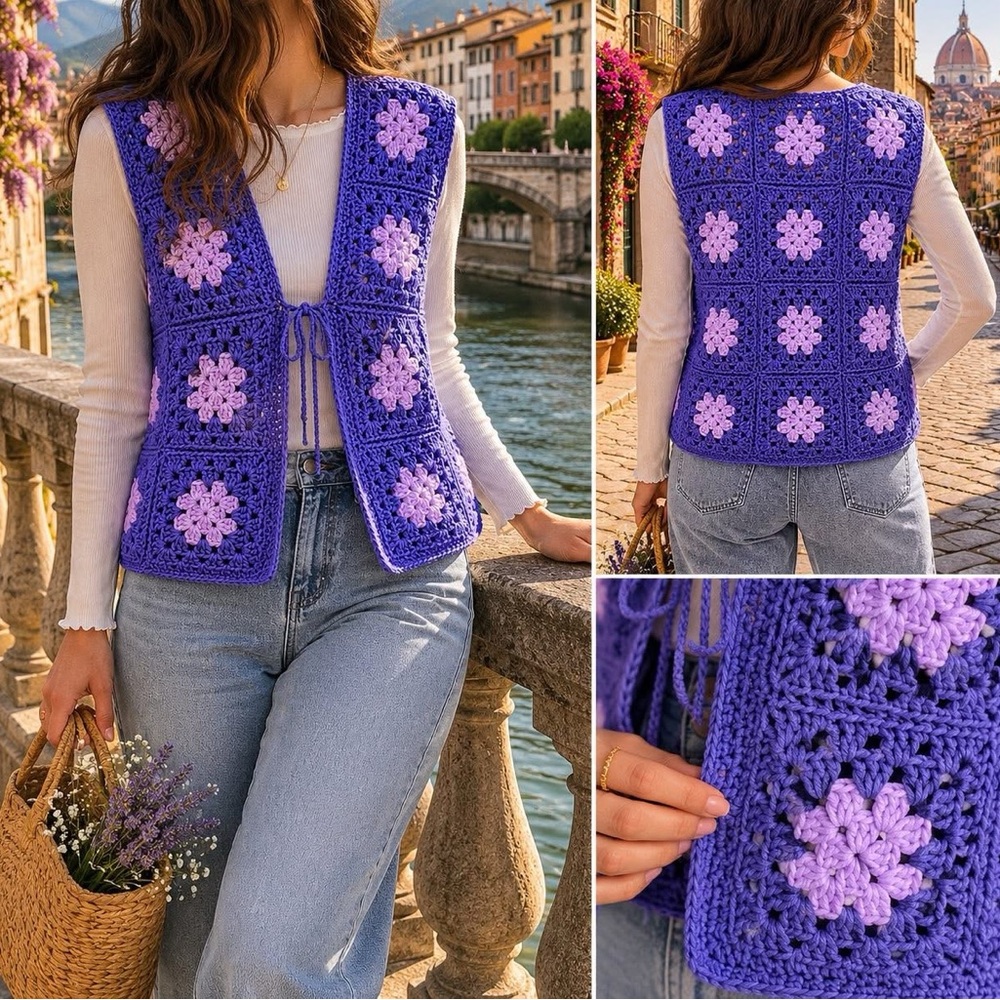 Purple Crochet Flower Vest - Boho Openwork Knit Vest